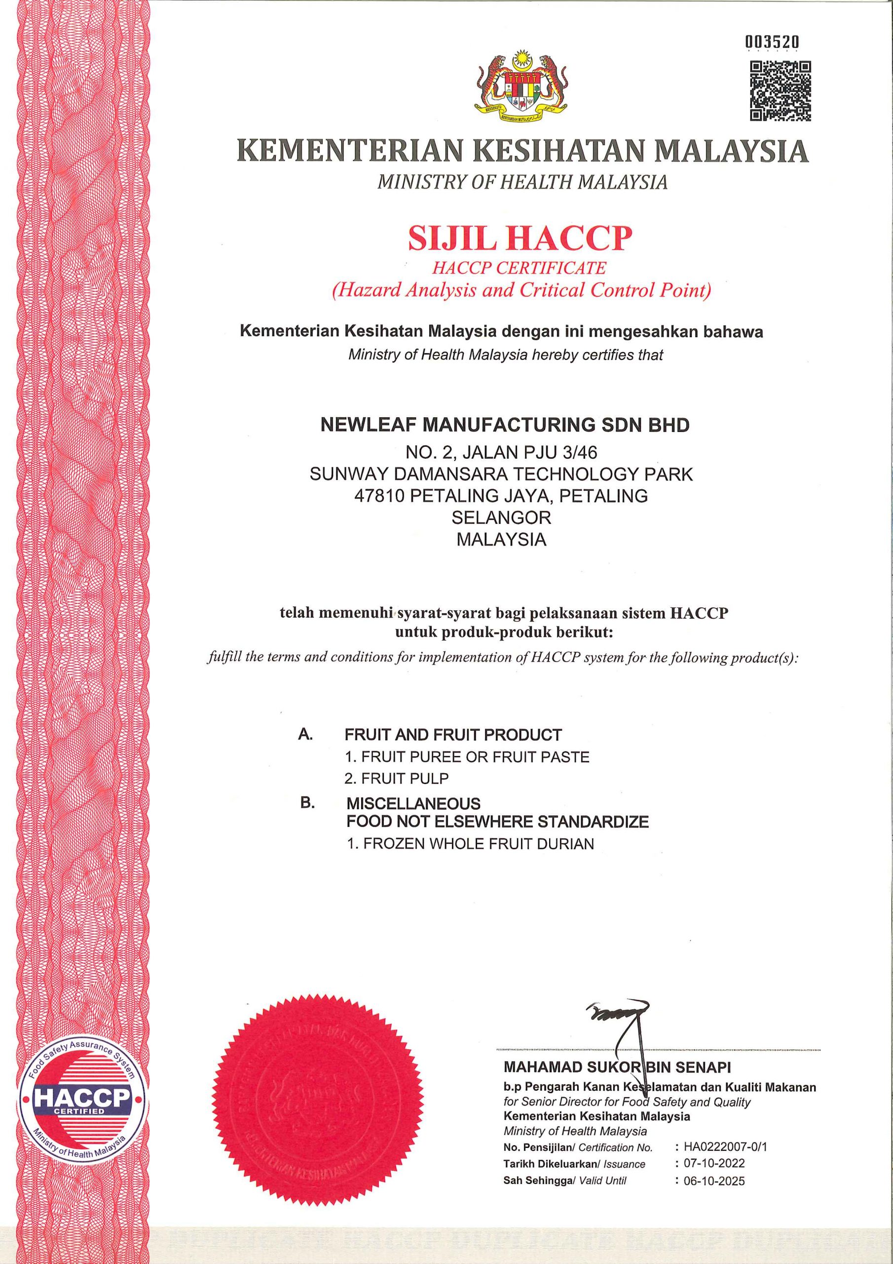 GMP HACCP and FDA certification of Newleaf Newleaf Malaysia